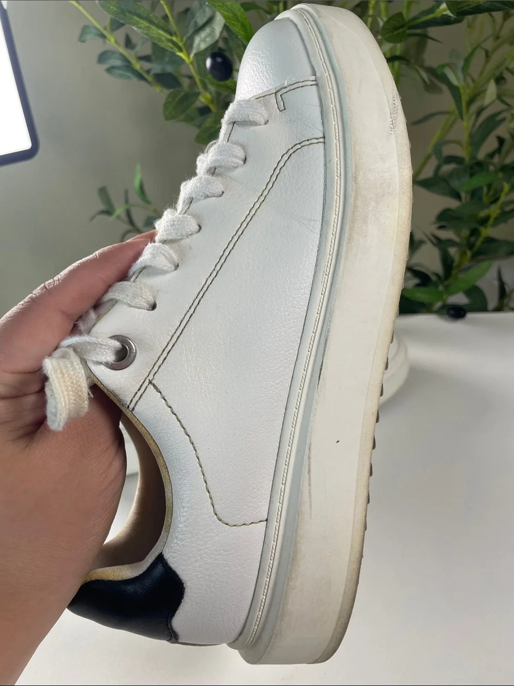 White Leather Low-Top Sneakers with Black Heel Accent